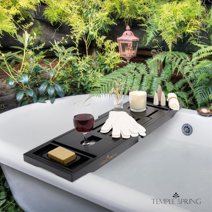 Temple Spring Bamboo Bathtub Tray Caddy for Tub — Expandable Wood Bath Tray with Solid Book Stand Wine Holder and Non-Slip Pads — Includes Bamboo Soap Dish and Spa Accessories — Luxury Bath Gift Set
