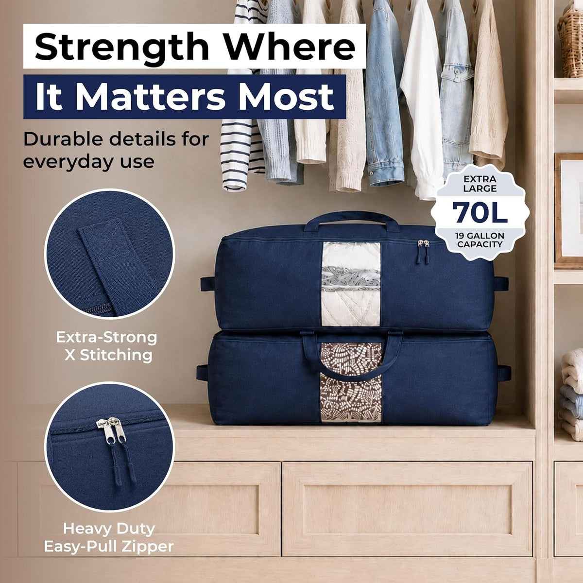 Soft Canvas Storage Bags with Zipper. Thick Breathable, 2pc King/Queen Comforter Organizer. Four Carrying Handles and Window. Large 25x19x9in Bag for Sheets Blankets Bedding Pillows, Clothes