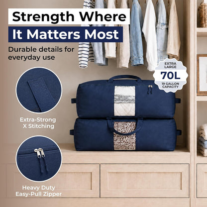 Soft Canvas Storage Bags with Zipper. Thick Breathable, 2pc King/Queen Comforter Organizer. Four Carrying Handles and Window. Large 25x19x9in Bag for Sheets Blankets Bedding Pillows, Clothes