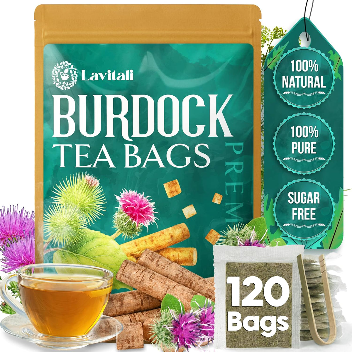 Lavitali, Burdock Root Tea Bags | 120 bags, 100% Pure Herbal Tea | Caffeine-Free, Antioxidant-Rich, Eco-Friendly Filter Bag | Daily Natural Botanical, Hot or Iced Herbal Infusion