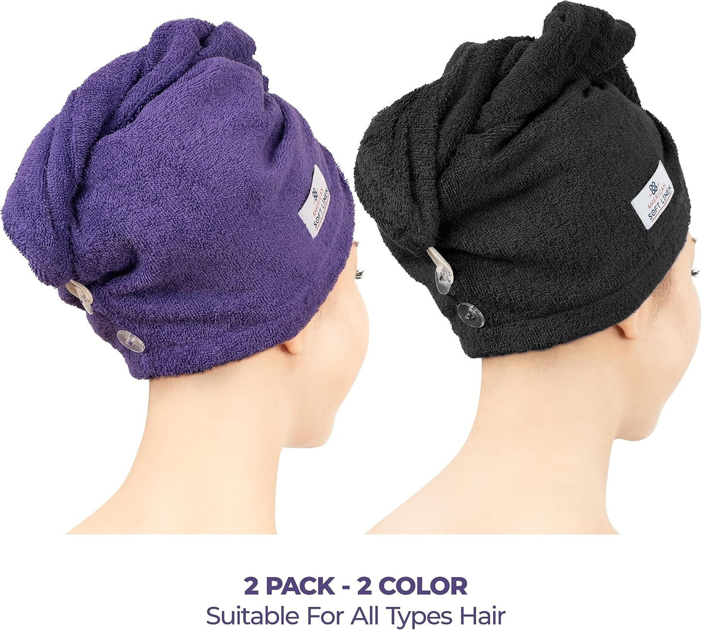 American Soft Linen 100% Cotton Hair Towels for Women, Head Towel Cap, Cotton Hair Turban Towel Wrap for Long Curly Anti Frizz Hair, Soft and Absorbent Cotton Hair Towels 2 Pack, White