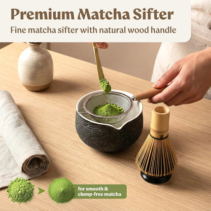 EDELHAUS Matcha Kit Whisk Set (7 Pcs) - Complete Matcha Set, Matcha Bowl with Spout, Whisk with Holder, Bamboo Scoop with Rest and Sifter, Perfect Kit for Matcha Lovers (Green Mist)