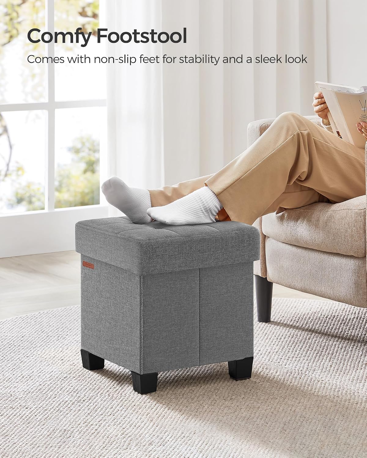SONGMICS Storage Ottoman, Small Ottoman Foot Rest with Legs, 12.6 x 15.7 x 13.2 Inches Foot Stool, Load up to 660 lb, for Living Room, Bedroom, Dorm, Slate Gray ULSF012G01