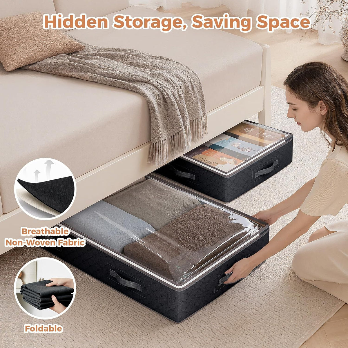 Budding Joy 95L Under Bed Storage Containers, 4 Pack Closet Organizers Grey