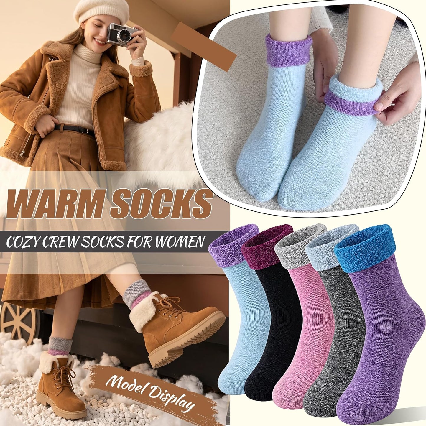 EBMORE 5 Pairs Women Merino Wool Boot Socks Warm Thermal Winter Thick Hiking Cozy Cabin Crew Comfy Socks for Ladies