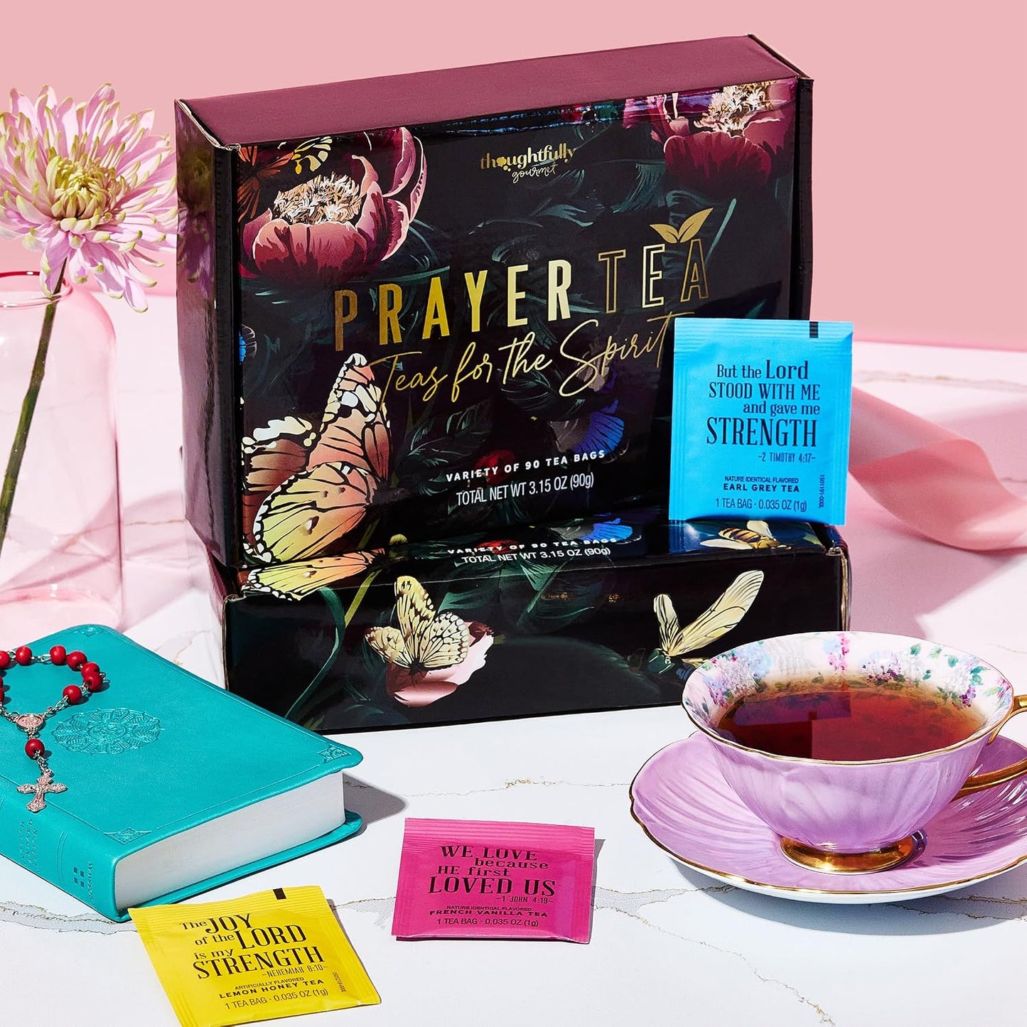 Thoughtfully, Tea Affirmations Christian Prayer Gift Set for Women, Religious Tea Gift with 6 Flavors and Bible Verses from Psalms and Other Books to Rejoice Pack of 90