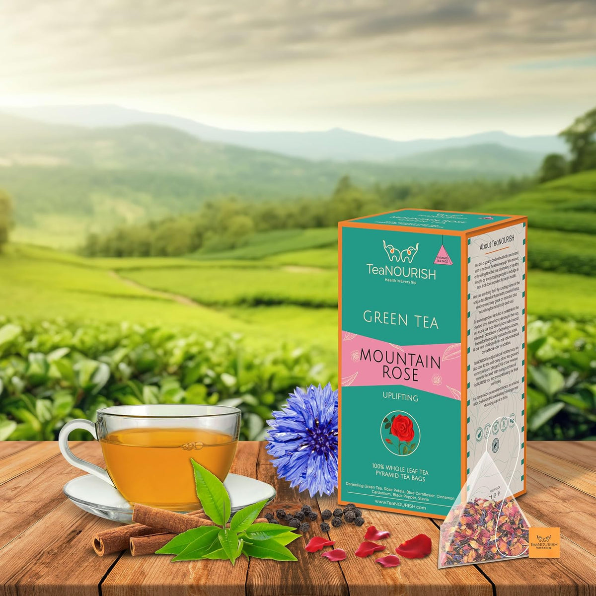 TeaNOURISH Mountain Rose Green Tea | 20 Count Pyramid Tea Bags | Whole Leaf Tea | Blended with Rose Petals, Blue Cornflower & Cinnamon | 100% NATURAL INGREDIENTS