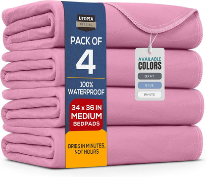 Utopia Bedding Washable Underpads 34" x 36" (Pack of 4), Waterproof Reusable Heavy Absorbency Incontinence Bed Pads for Adults, Kids, Elderly and Pets, Bedwetting Pads for Sofa and Couch (Blue)