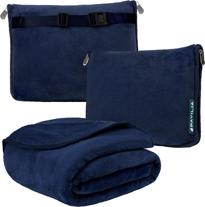 PAVILIA Travel Blanket Pillow, Soft Airplane Blanket 2-IN-1 Combo Set, Plane Blanket Compact Packable, Flight Essentials Car Pillow, Travelers Gifts Accessories Luggage Backpack Strap, 60x43 Teal Blue