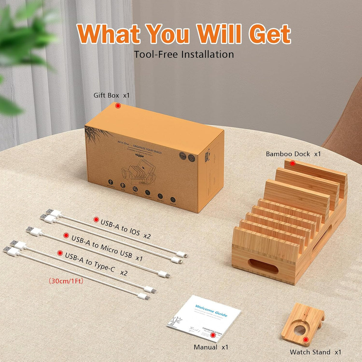 Pezin & Hulin Bamboo Charging Station with 5 Cables-Natural Bamboo