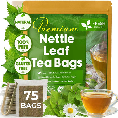 FreshDrinkUS, Premium 75 Nettle Leaf Tea Bags, 100% Natural & Pure, Stinging Nettle Leaf Tea, Burn Nettle, Stinging Nettle, Stinger Tea, No Sugar/Caffeine/Gluten, Vegan