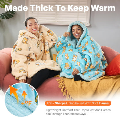 Giggling Getup Wearable Blanket Hoodie for Adults Gifts for Teen Girls Sister Women Sherpa Fleece Printed Hooded Blanket Sweatshirt Warm Cozy with Pocket & Sleeves Beige Cat