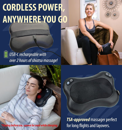 Zyllion Shiatsu Back and Neck Massager with Heat - 3D Electric Kneading Deep Tissue Massage Pillow with 8 Massaging Nodes for Muscle Pain Relief, Black, ZMA-25