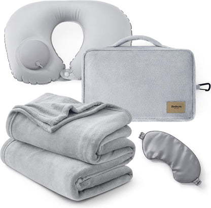 Bedsure Travel Blanket Set with Inflatable Neck Pillow and Eye Mask - Lightweight 3-in-1 Airplane Packable Blanket, Compact Travel Essentials, Grey