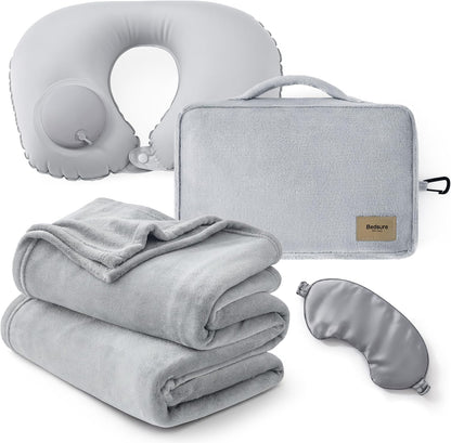Bedsure Travel Blanket Set with Inflatable Neck Pillow and Eye Mask, Grey