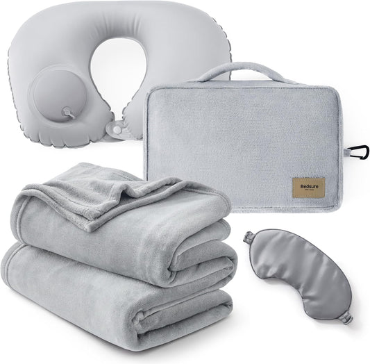 Bedsure Travel Blanket Set with Inflatable Neck Pillow and Eye Mask, Grey