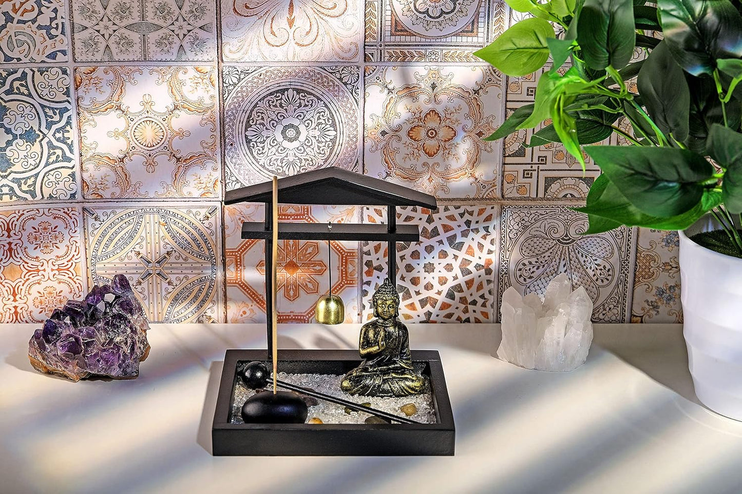 Jovivi Zen Garden Set Buddha Statue w/Tealight Candle Holder, Rocks & Incense Burner Holder & Wood Tray for Yoga Meditation Home Table Decor Gift