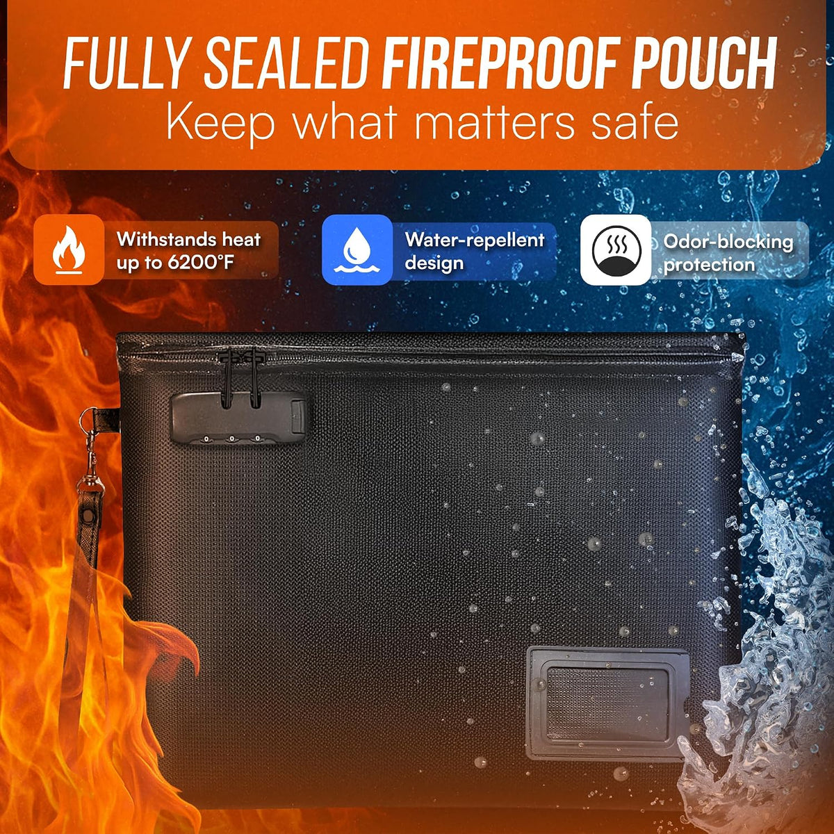 Premium Fireproof Document Bag With Lock Money Safe Bags Waterproof Zipper 6200 °F Fire Resistant Lockable Pouch Water Proof Small Portable Firesafe Organizer For Cash Phone Tablet USB Jewelry