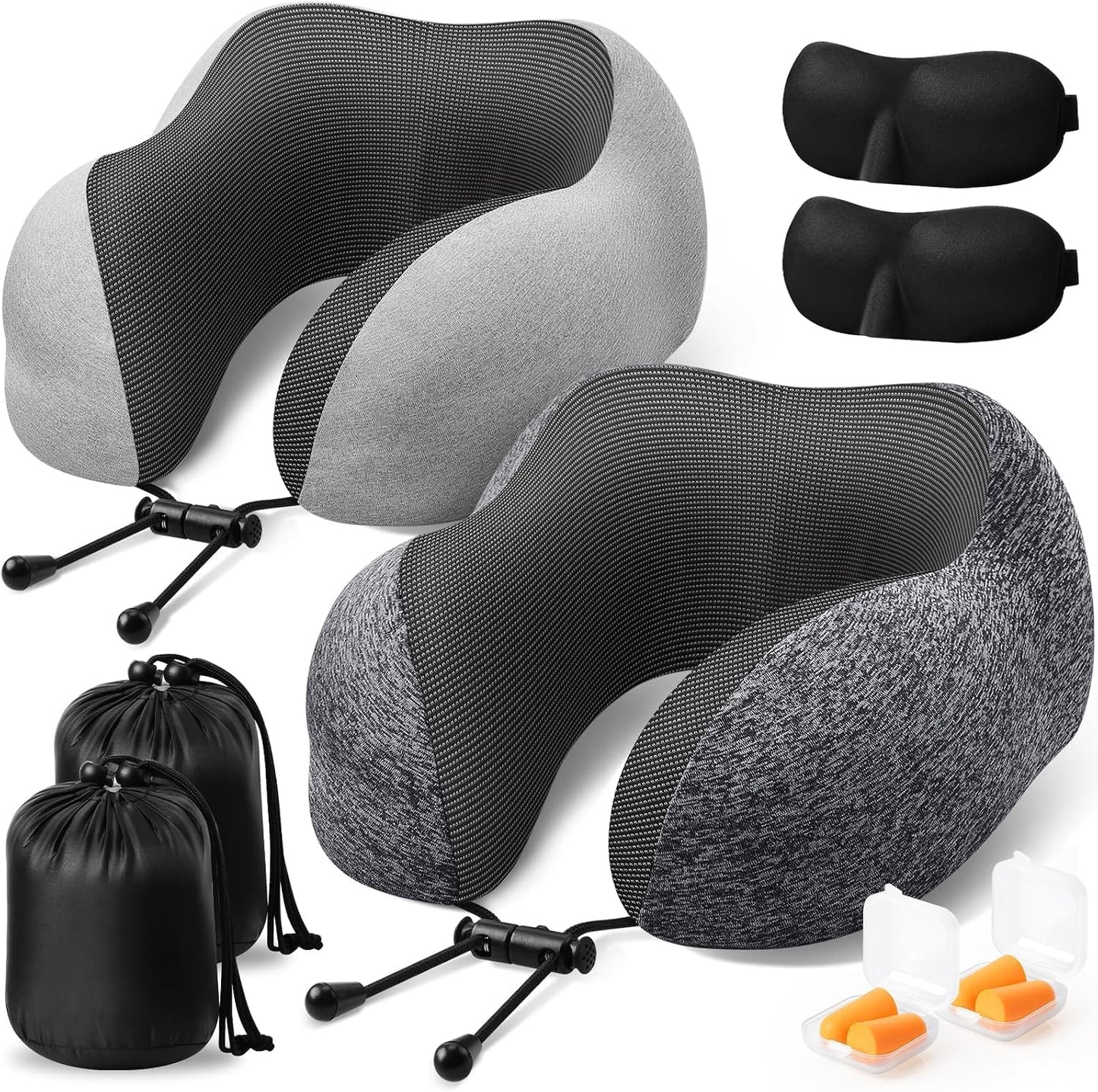 ExploreBliss Travel Pillow, Travel Pillows for Sleeping Airplane, Neck Pillow Airplane, Memory Foam Neck Pillow Set with Eye Mask, Earplugs and Storage Bag -Grey