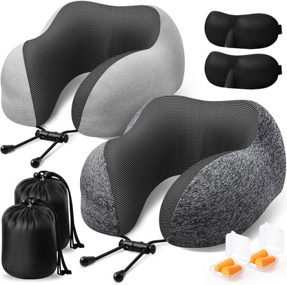 ExploreBliss Travel Pillow, Travel Pillows for Sleeping Airplane, Neck Pillow Airplane, Memory Foam Neck Pillow Set with Eye Mask, Earplugs and Storage Bag -Grey