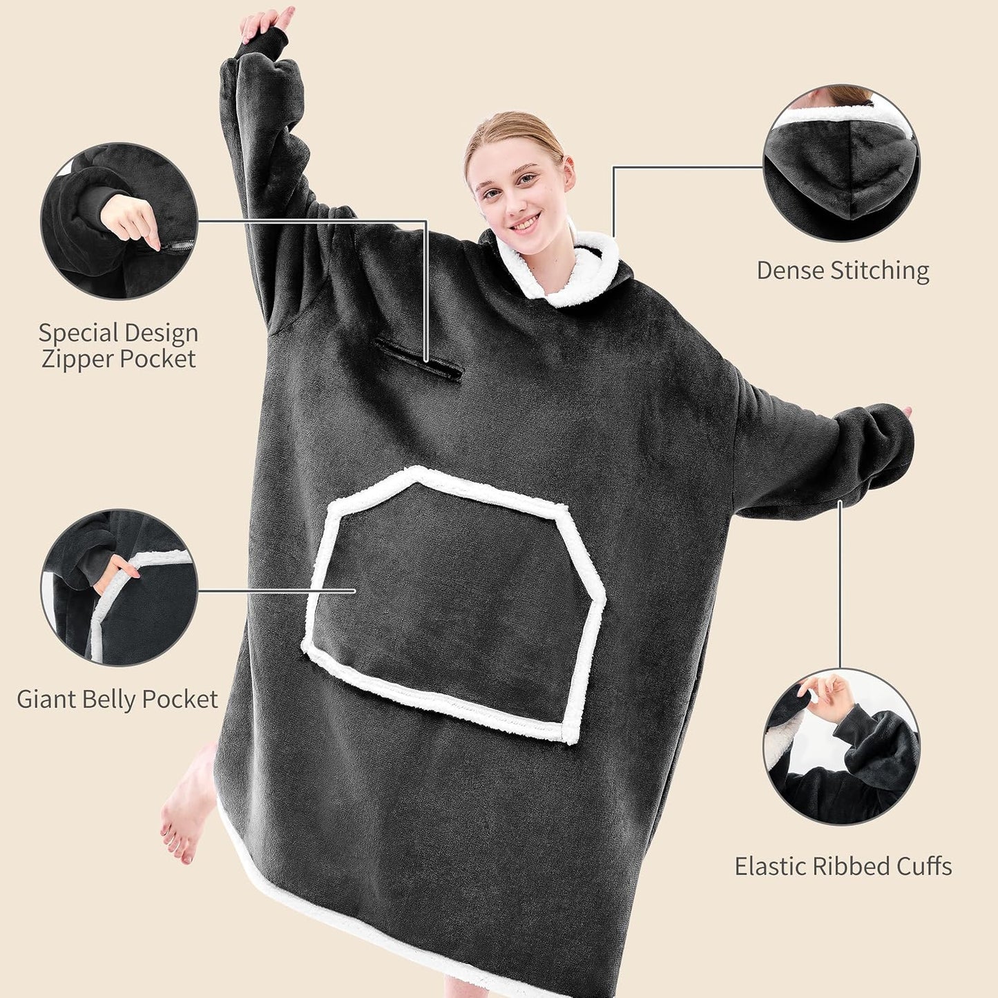 IFNOW Wearable Blanket Hoodie, Oversized Sherpa Fleece Hooded Blanket Sweatshirt with Eye Mask and Pocket, Comfy Long Flannel Blanket for Adults Men,Gifts for Women Mom Girlfriend,MoonFace