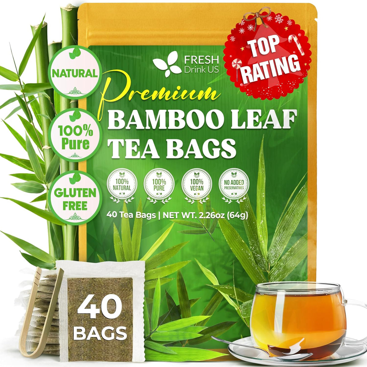 FreshDrinkUS, Premium Bamboo Leaf Tea, 40 Count, Pure, Caffeine Free