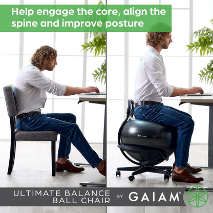 Gaiam Classic Balance Ball Chair – Ergonomic Stability Chair for Desk & Office | Yoga Ball Seat with Base, Air Pump, & Exercise Guide | Improves Posture & Core Strength (300 lb Capacity)