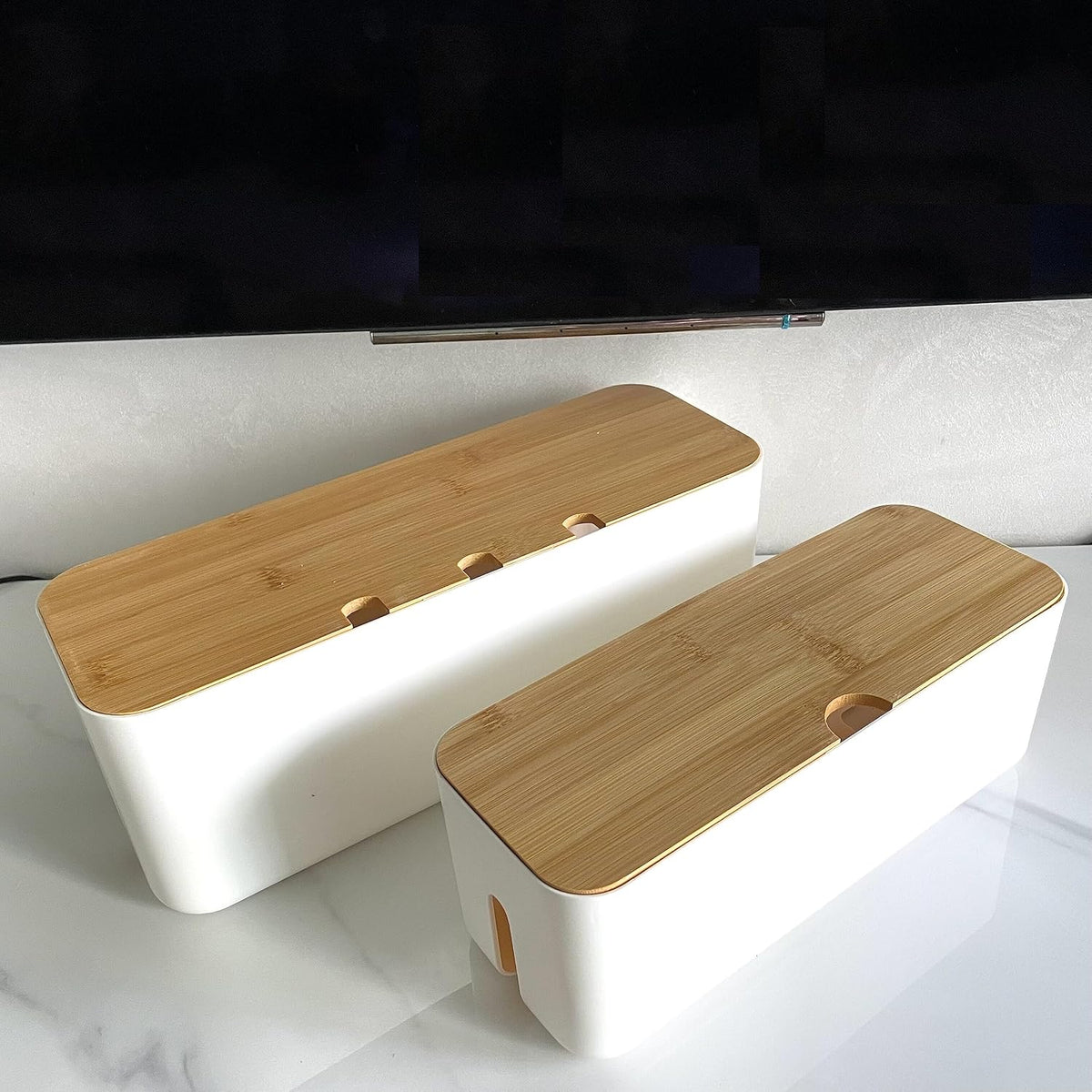 Cable Management Box with Bamboo Lid, Small Power Strip Organizer, Black