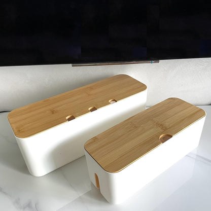 Cable Management Box with Bamboo Lid, Small Power Strip Organizer, Black