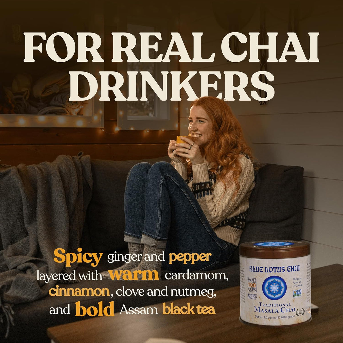Blue Lotus Chai - Traditional Masala Chai - Makes 100 Cups - 3 Ounce Masala Spiced Chai Powder with Organic Spices - Instant Indian Tea No Steeping - No Gluten