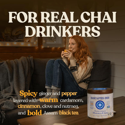 Blue Lotus Chai - Traditional Masala Chai - Makes 100 Cups - 3 Ounce Masala Spiced Chai Powder with Organic Spices - Instant Indian Tea No Steeping - No Gluten