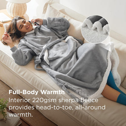 Bedsure Wearable Blanket Hoodie, Long Hooded Blanket Sweatshirt as Mothers Birthday Gifts for Women, Cozy Sherpa Hoodie for Adult, Standard, Grey