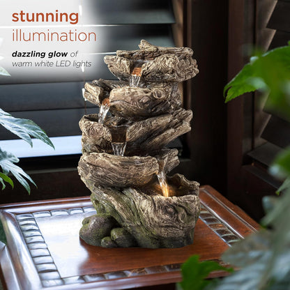 Alpine Corporation | 14"H Indoor Tiered Log Tabletop Fountain with LED Lights — Cascading Waterfall Design Creates Relaxing Ambiance for Home & Office Décor