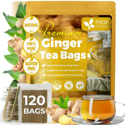 FreshDrinkUS, 120 Ginger Tea Bags, 100% Natural & Pure. Ginger Herbal Tea. No Sugar, No Caffeine, No Gluten, Vegan.
