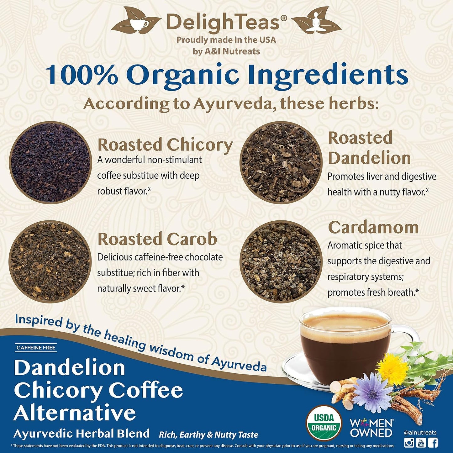 DelighTeas Organic Masala Chai Powder | Caffeine free, Unsweetened, Vegan, Keto | Ayurvedic Digestive Support blend for Chai Spice Tea | 100 Servings, 4oz
