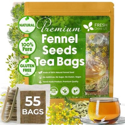 FreshDrinkUS, Premium 55 Fennel Tea Bags, 100% Natural & Pure. Made with Eco-Conscious Tea Bags. No Sugar, No Caffeine, No Gluten, Vegan.