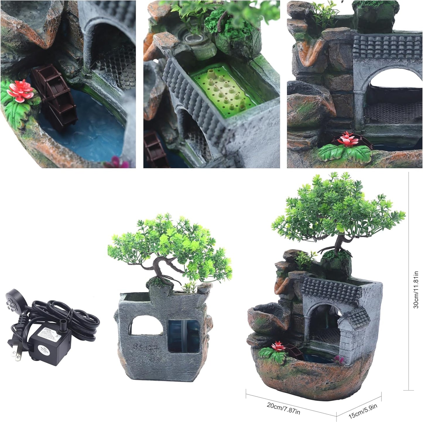 Mini Artificial Bonsai Tree Waterfall Fog Feature Rock Tabletop Fountain | 11in Desktop Decor Waterfall Fountain W/ Water Pump& Atomizer&LED Lights &Fake Tree Office Bedroom Relax