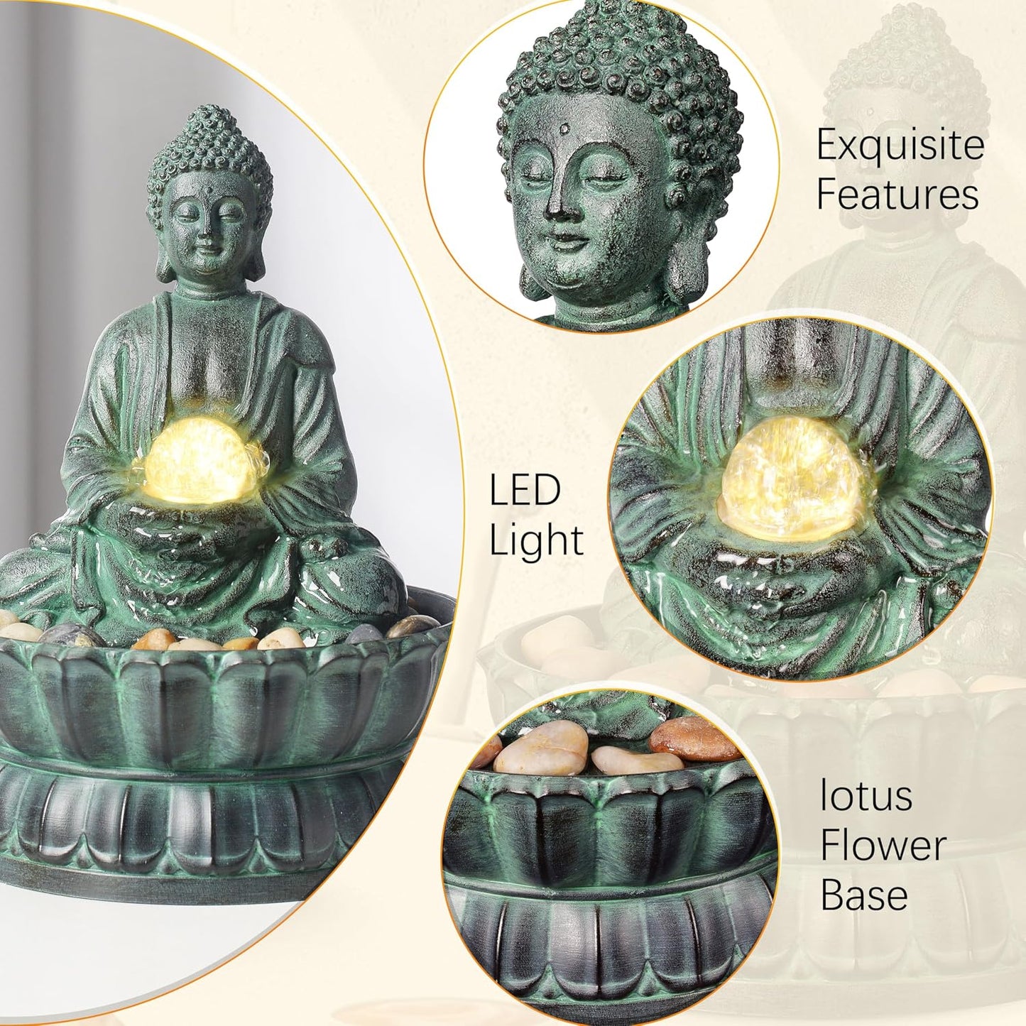 Cascading Indoor Tabletop Water Fountains with LED Light - Rockery Waterfall Fountain - Quiet and Relaxing Water Sound - Small 9.7 Inch Desktop Size - Home/Office Decor