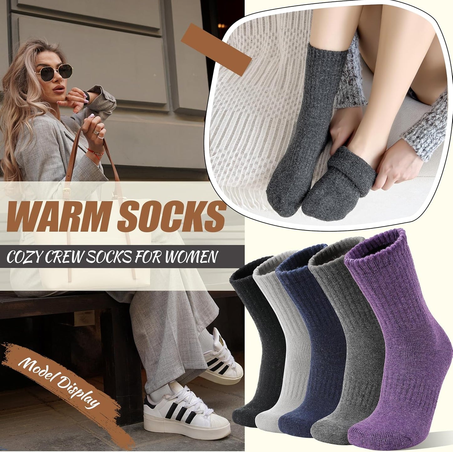 EBMORE 5 Pairs Women Merino Wool Boot Socks Warm Thermal Winter Thick Hiking Cozy Cabin Crew Comfy Socks for Ladies