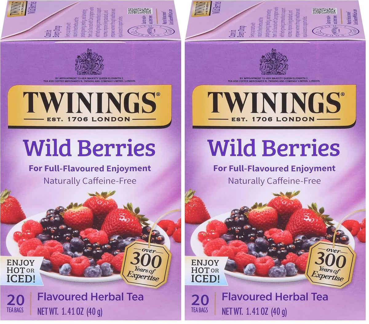 Twinings Wild Berries Herbal Tea Individually Wrapped Bags, 20 Count (Pack of 2), Full-Flavoured, Naturally Caffeine-Free, Enjoy Hot or Iced, 20 Teabags