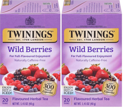 Twinings Wild Berries Herbal Tea Individually Wrapped Bags, 20 Count (Pack of 2), Full-Flavoured, Naturally Caffeine-Free, Enjoy Hot or Iced, 20 Teabags