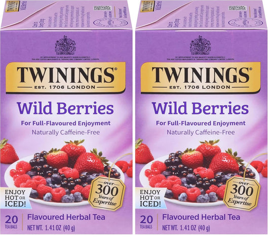 Twinings Wild Berries Herbal Tea Individually Wrapped Bags, 20 Count (Pack of 2), Full-Flavoured, Naturally Caffeine-Free, Enjoy Hot or Iced, 20 Teabags