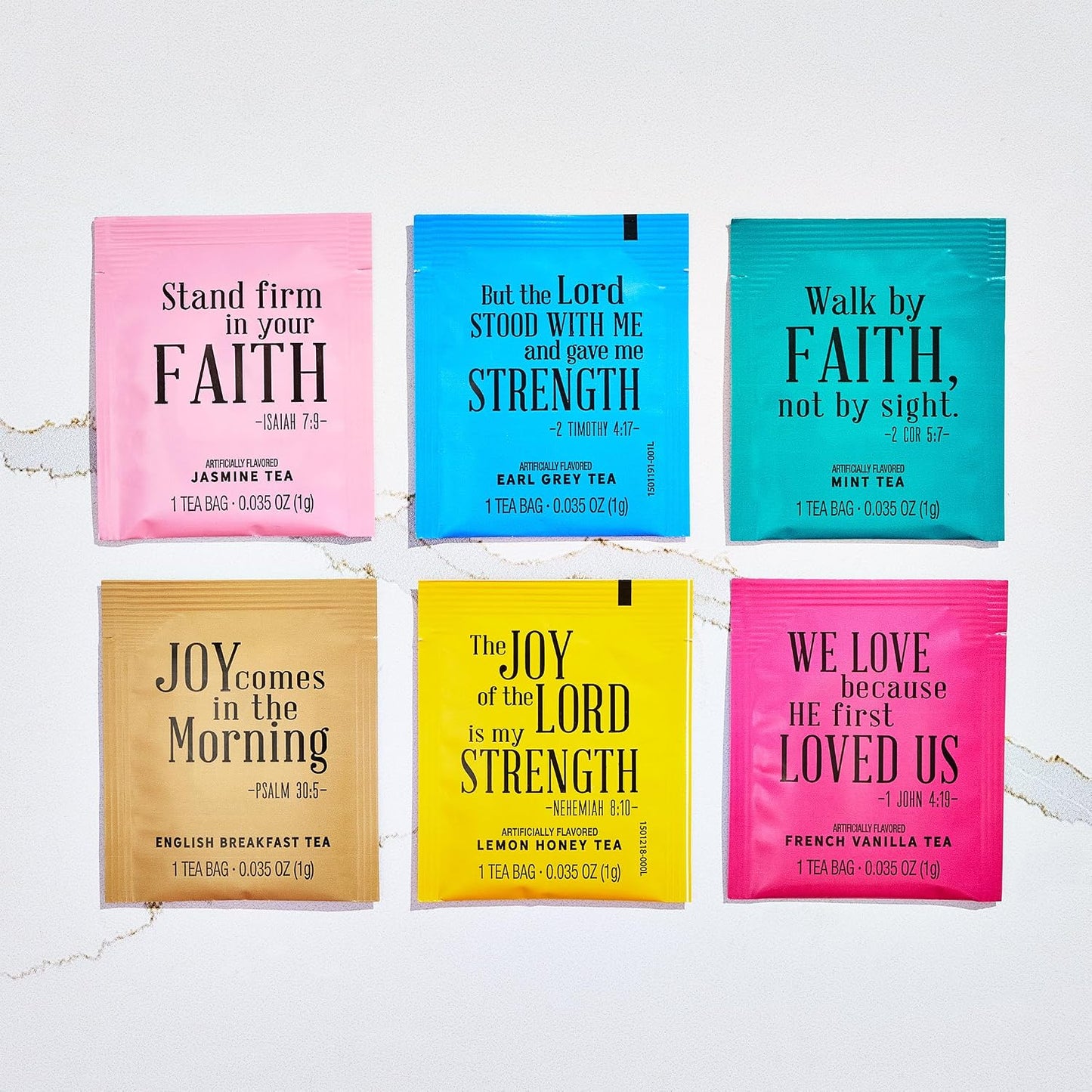 Thoughtfully, Tea Affirmations Christian Prayer Gift Set for Women, Religious Tea Gift with 6 Flavors and Bible Verses from Psalms and Other Books to Rejoice Pack of 90