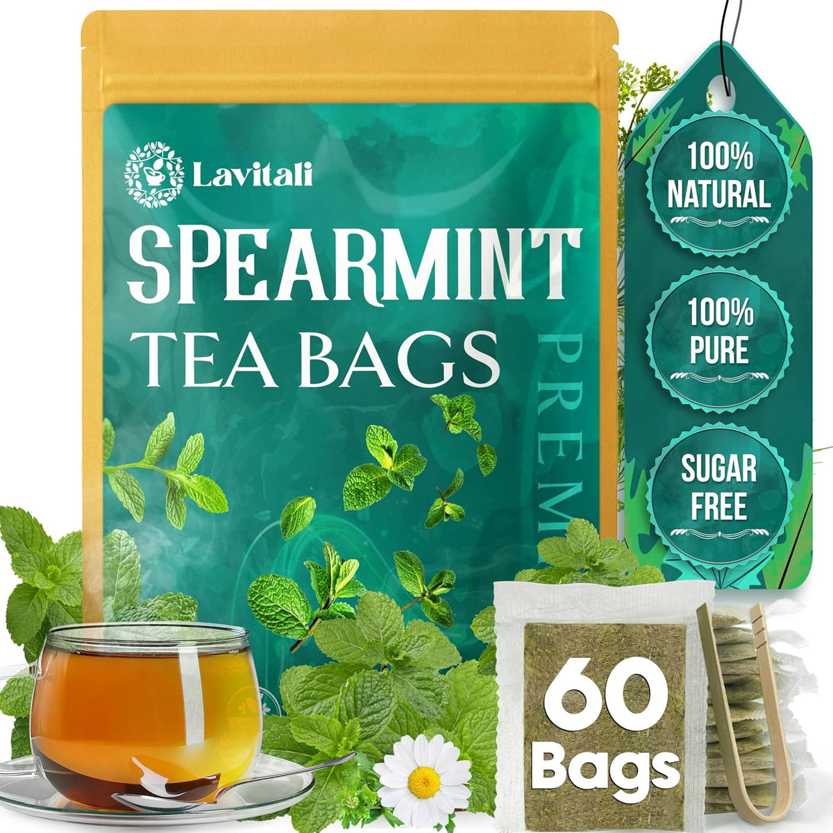 Lavitali, Spearmint Leaves Tea Bag | 60 bags, 100% Pure Herbal Tea | Caffeine-Free, Antioxidant-Rich, Eco-Friendly Filter Bag | Daily Natural Botanical, Hot or Iced Herbal Infusion