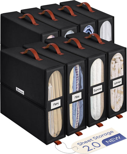 4x Bed Sheet Organizer Storage Boxes with Big See-Through Windows - Bedsheet Organizers Redesigned. Robust Bed Sheet Storage -15x13x5 in. Sheet Organizers Containers (Off-White)