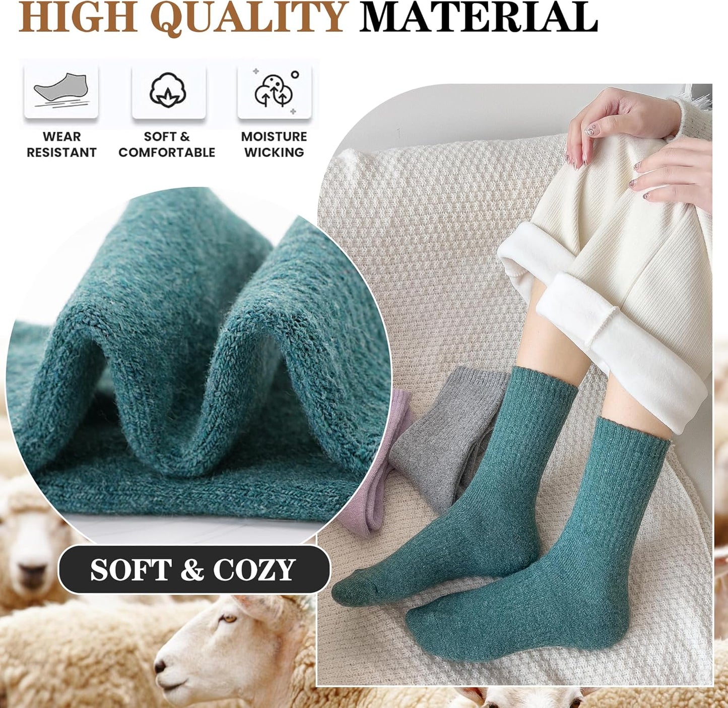 MOGGEI 5 Pairs Womens Merino Wool Socks Hiking Warm Winter Thick Thermal Crew Cozy Cabin Ladies Gift Comfy Boot Work Socks