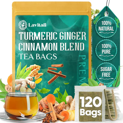 Lavitali, Ginger Turmeric Cinnamon Tea | 120 bags, 100% Pure Herbal Tea | Caffeine-Free, No Sugar, Eco-Friendly Filter Bag | Daily Natural Botanical, Hot or Iced Herbal Infusion