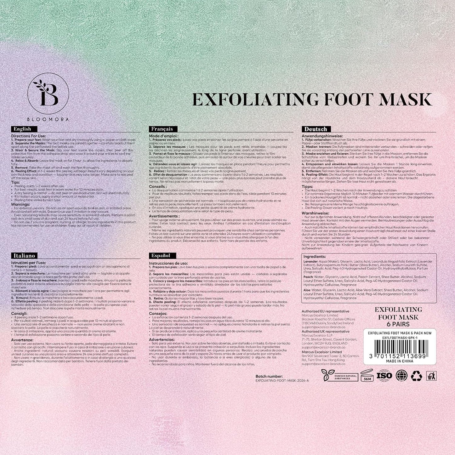 BLOOMORA Foot Peeling Mask (6 pairs) Exfoliating Foot Mask for Dry Cracked Feet with Lavender & Shea Butter, Dead Skin & Callus Remover for Feet, Exfoliating Socks for Women & Men, One Size Fits Most