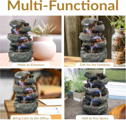 Sunnydaze 10" 5-Step Tabletop Water Fountain with LED Lights, Stacked Rocks