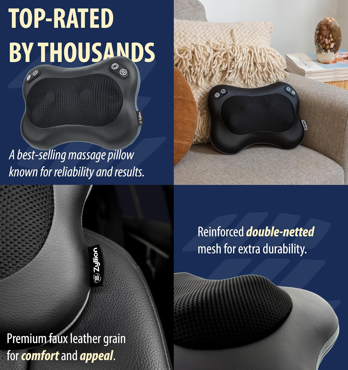 Zyllion Shiatsu Back and Neck Massager with Heat - 3D Electric Kneading Deep Tissue Massage Pillow with 8 Massaging Nodes for Muscle Pain Relief, Black, ZMA-25